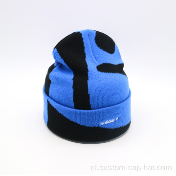 Blauwe zwarte winter jacquard gebreide warme beanie hoed